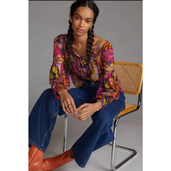 Alexander Farmer Tops - Anthropologie Alexandra Farmer Puff Sleeve Butterfly Blouse Pink Size S